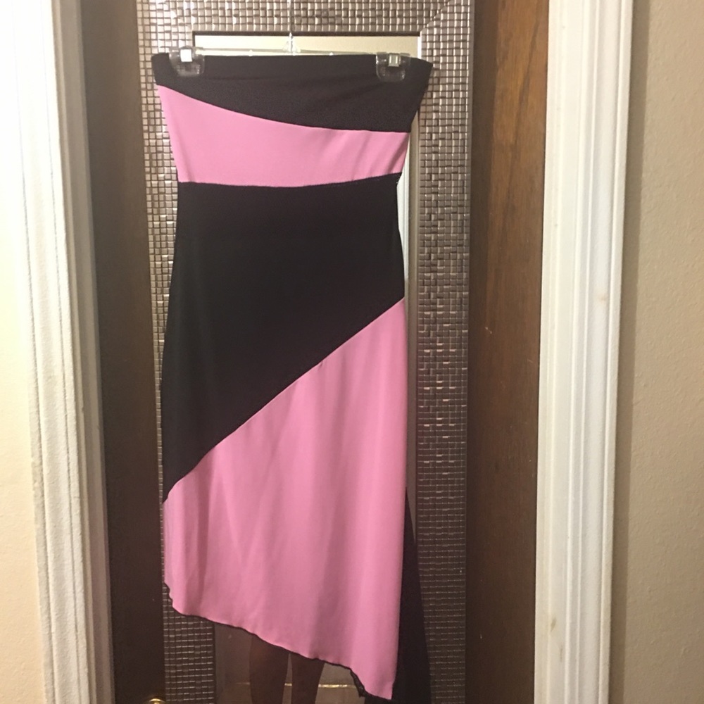 Black and pink striped strapless dress
